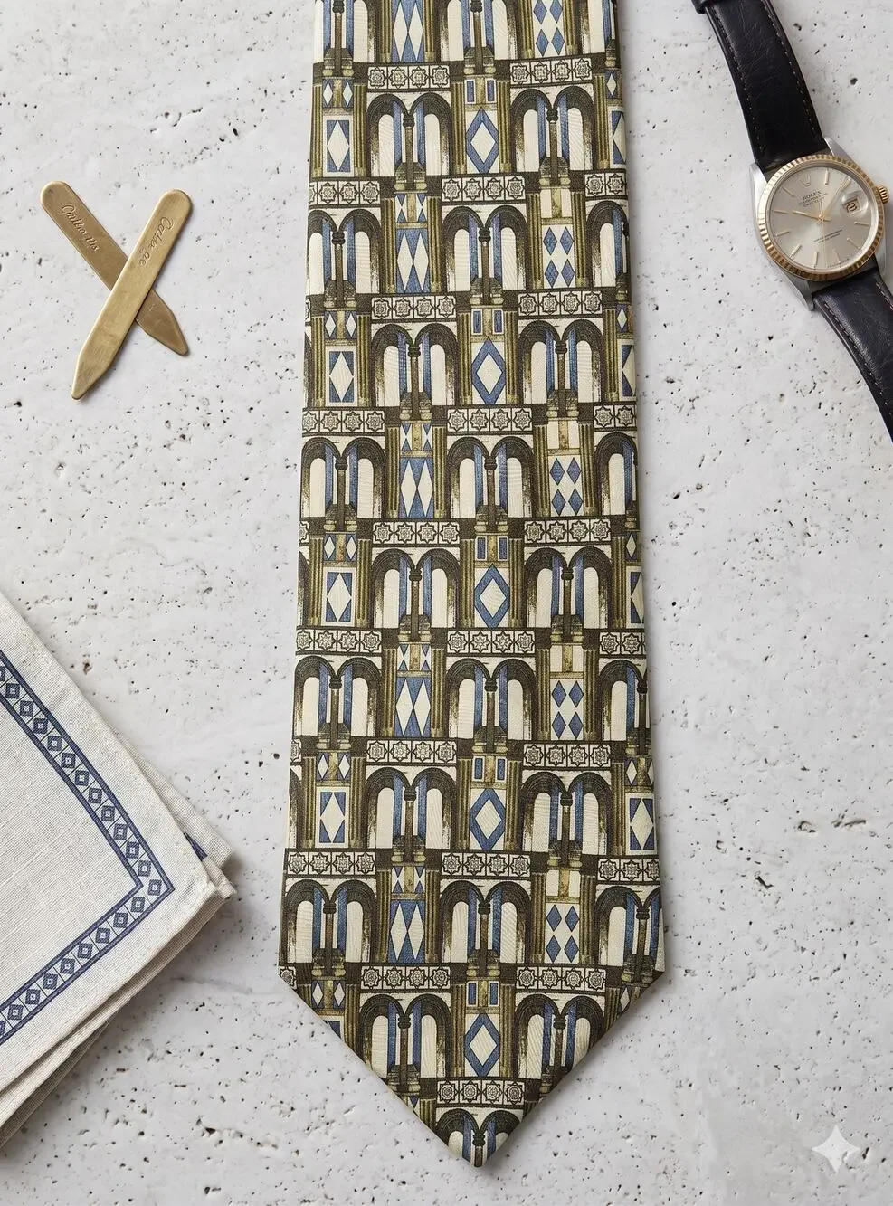 Structure Mens Necktie 100% Silk Brown Blue Beige
